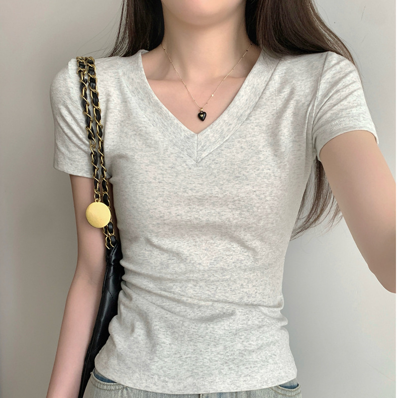 Right Shoulder Short-Sleeved T-Shirt for Women 2025 New Summer Basic Slim Fit American Floral Gray V Neck Top