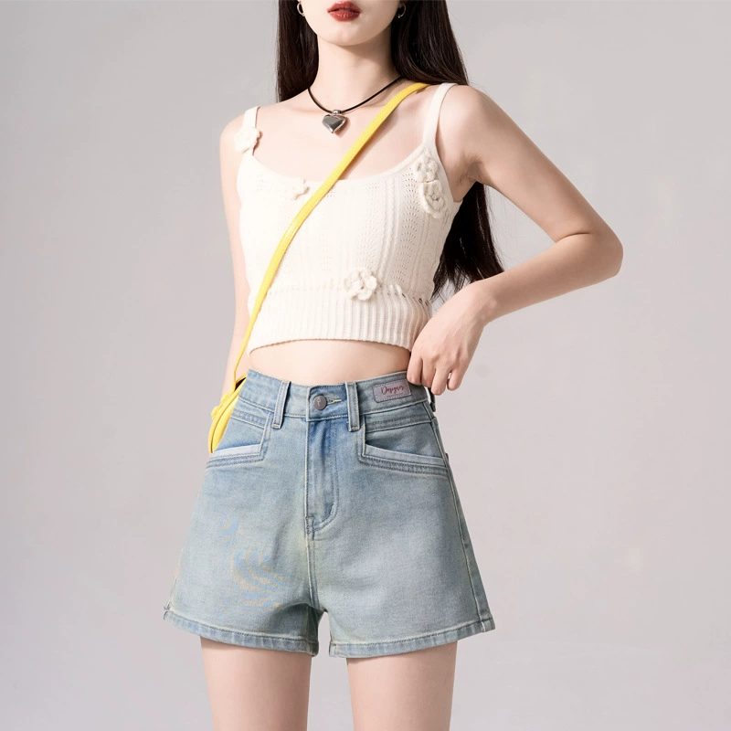 Джинсовые шорты с высокой талией для миниатюрных женщин, летний тонкий стиль, универсальный силуэт А-силуэта, подчеркивающий фигуру и подходящий для ношения на улице.