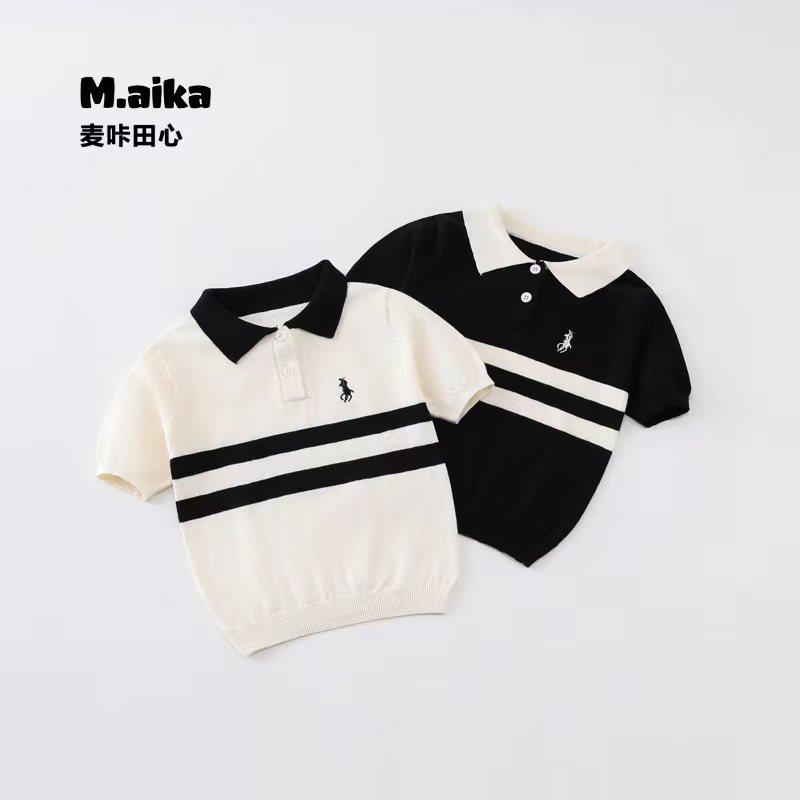 2024 Summer New Arrival Children's Striped Knitted Short-Sleeve Casual Cool Top with Embroidery for Boys and Girls