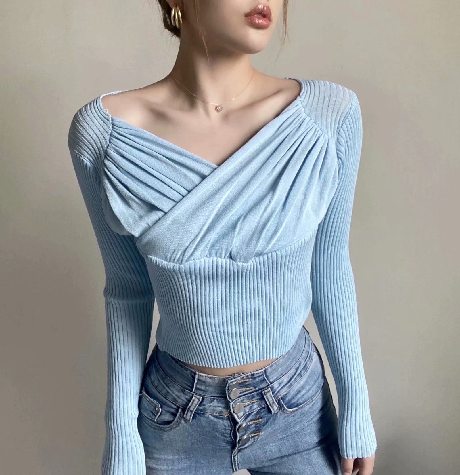 V-neck pleated slim bottoming sweater long-sleeved top knit sweater NSAM52295