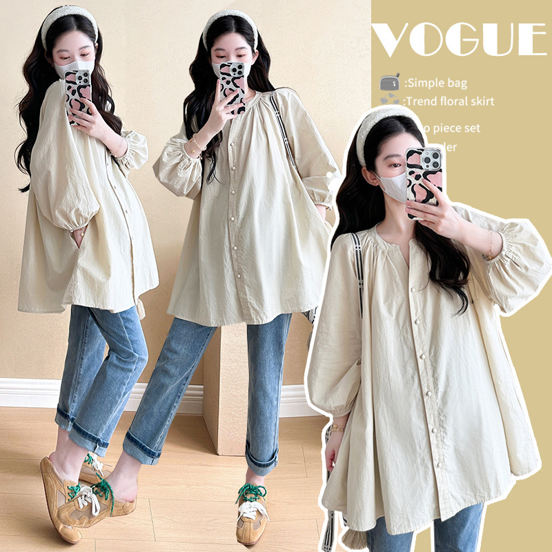 in stock real shot ~ 2024 early autumn pregnant women new Korean casual v collar loose shirt