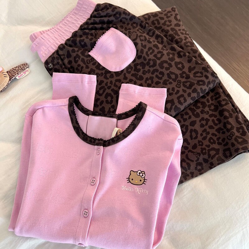 Double Long Round Neck Leopard Print Autumn Cardigan Girl's Pajamas, High-End Home Wear with Contrasting Colors, Korean Style Two-Piece Set