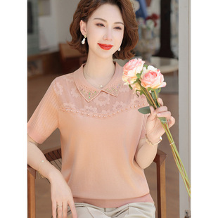 Mom's New Summer Style Lapel Short-Sleeved T-Shirt 2025 New Style Middle-Aged and Elderly Women's Style Ice Silk Shirt Thin Top