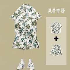 夏のビーチ海南島リゾートシャツ男ビーチプリントレトロ小衆海辺カップル半袖半ズボンセット