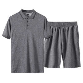 夏季t恤短袖短裤两件套翻领POLO衫中老年男休闲运动薄款爸爸套装