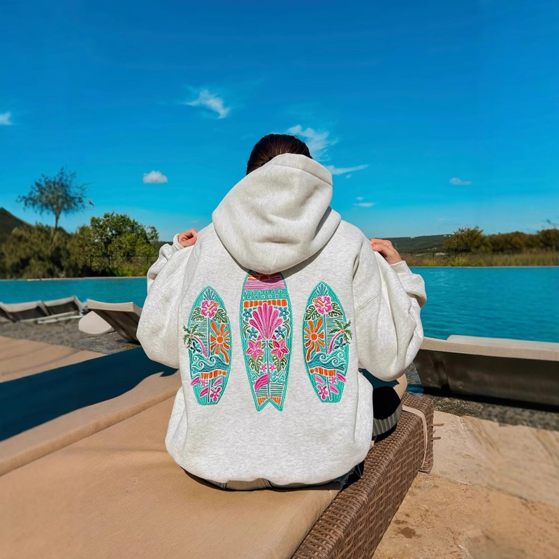 Aliexpress Amazon Export Source European and American Fashion Casual Surfboard Embroidered Fleece-Lined Thickeneded Women's Sweatshirt