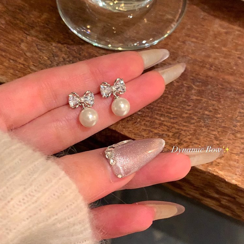 925银针蝴蝶结珍珠耳钉女轻奢小众气质闪钻耳环ins风甜美个性耳饰