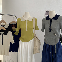 Omalai コントラストカラーラペル半袖アイスシルクセーター夏のファッション多用途韓国トップス卸売女性 3748