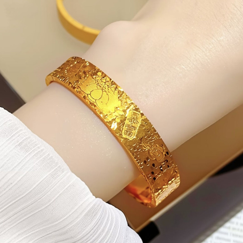 24K真金电镀CNC三面碎冰冰莲花手镯女时尚开口金色镯子沙金不掉色|undefined