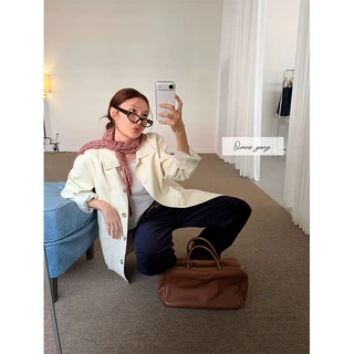 ovinsyang 杏色宽松翻领皮衣外套女2026秋季新款韩系百搭中长款