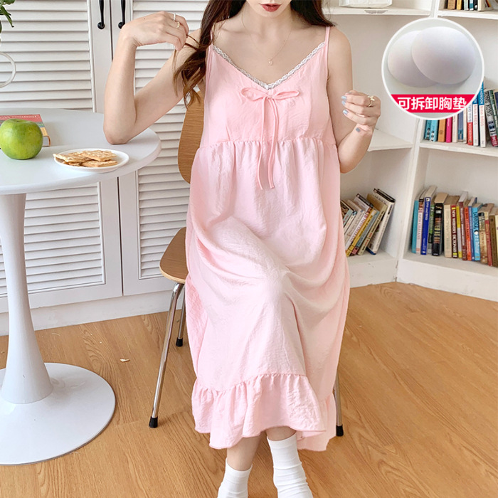 Camisón de verano con almohadilla en el pecho las mujeres tejidas algodón fresco Correa pijamas dulce encaje arco sexy vestido largo desgaste en casa