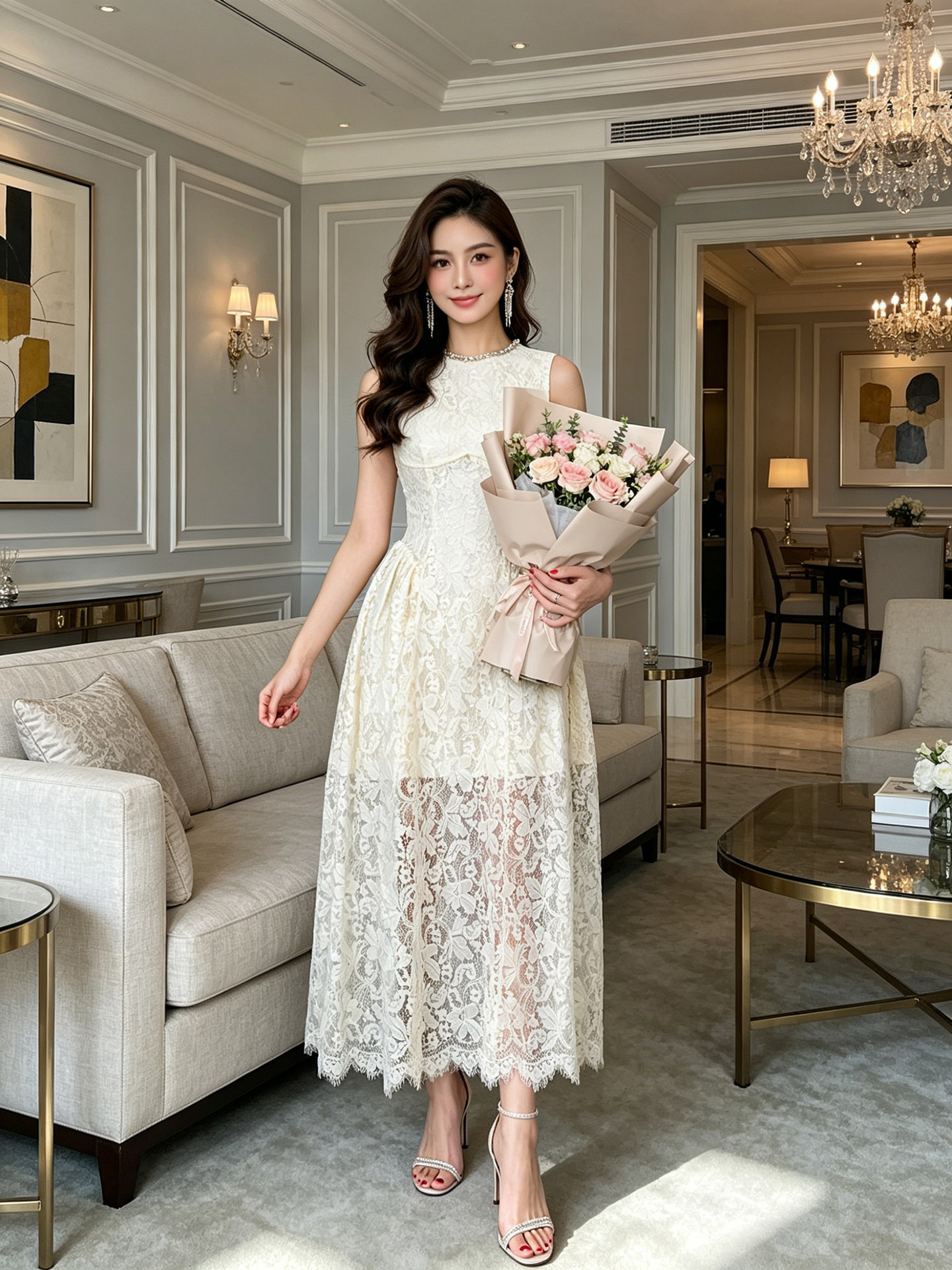 Đầm ren không tay cổ tròn thắt eo phong cách Pháp đính đá — màu mơ