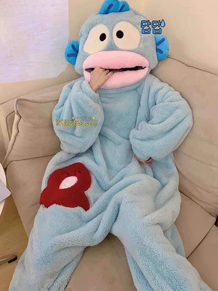 汉顿丑鱼连体睡衣女珊瑚绒加厚保暖秋冬季抽象搞怪爆款情侣睡袍男