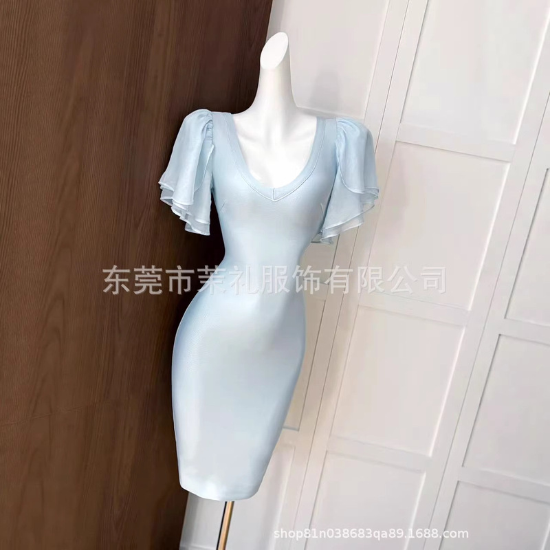 Early Spring Elegant Faux Silk Lotus Leaf Sleeve V-Neck Slim Fit Sexy Bodycon Dress Bandage Dress