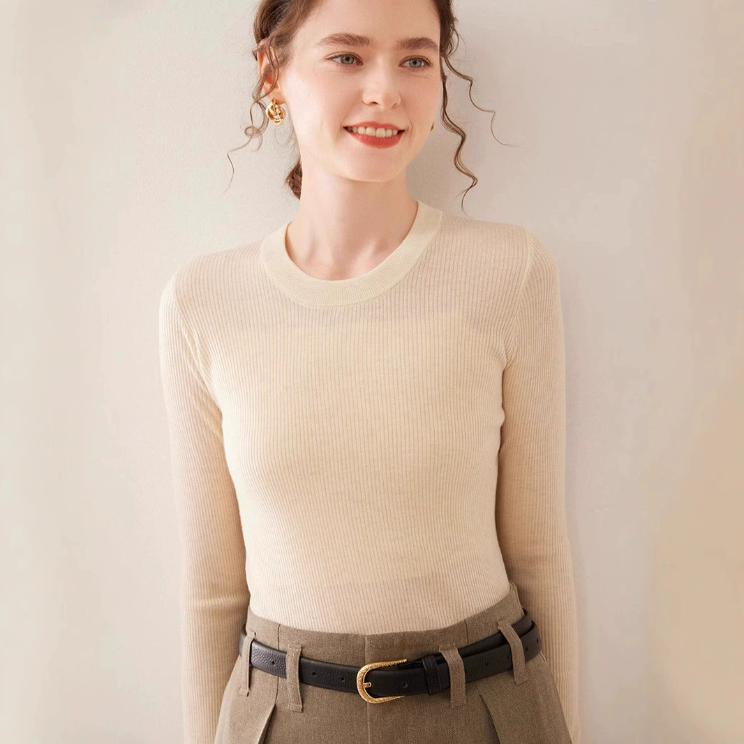 2025 новый стиль с круглым вырезом французская мода минималистская нижняя рубашка женский камвольный тонкий тонкий тонкий тонкий тонкий тонкий тонкий трикотаж