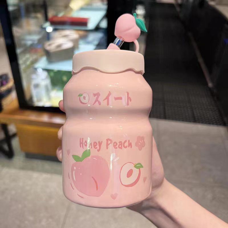 Water Cup Ins Mug with Straw Household Ceramic Cup Student Coffee Milk Cup Popular Girl Cup