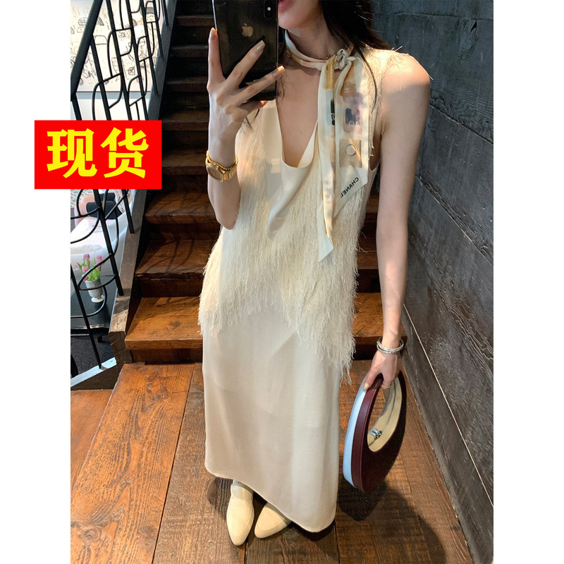 In Stock: Ouyang Tassel Patchwork Draped Collar Vest Dress for Women, New Summer Design, Niche Style, Sleeveless Long Dress