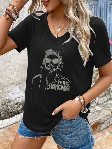 European and American cross-border plus-size women's V-neck short-sleeve t-shirts with rhinestones, added size V-neck, Amazon European and American style