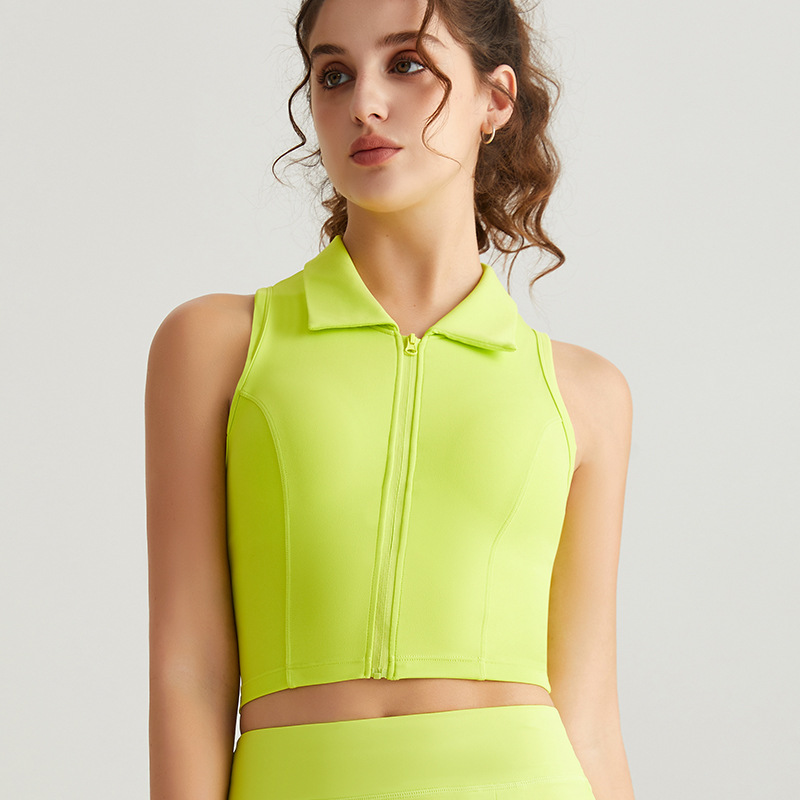 El nuevo chaleco de yoga con cuello POLO de Weiman, almohadilla para el pecho para mujer, una pieza, cremallera frontal, ropa de yoga de alta gama, top