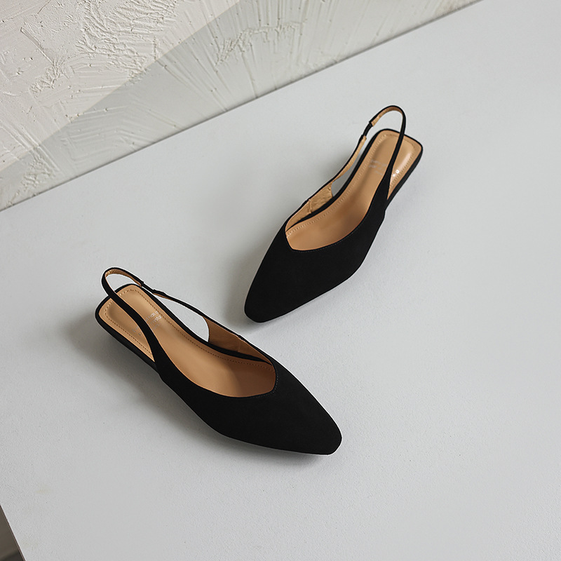 Sandal nữ da bò mũi trùm quai chữ V đế bệt phong cách Hàn Quốc — đen chi tiết 24