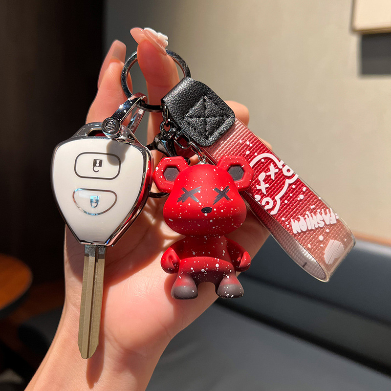 Toyota E-스트레이트 플레이트 2 키 [싱글 쉘 화이트] + 레드 폭력 곰 펜던트