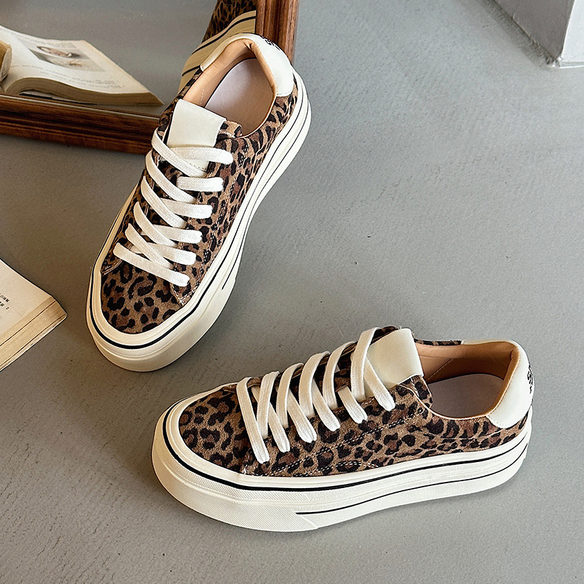 First-Layer Cowhide Sneakers for Women Ins Trend 2025 Autumn and Winter New Leopard Print Casual Shoes Versatile Fashion Running Sneakers