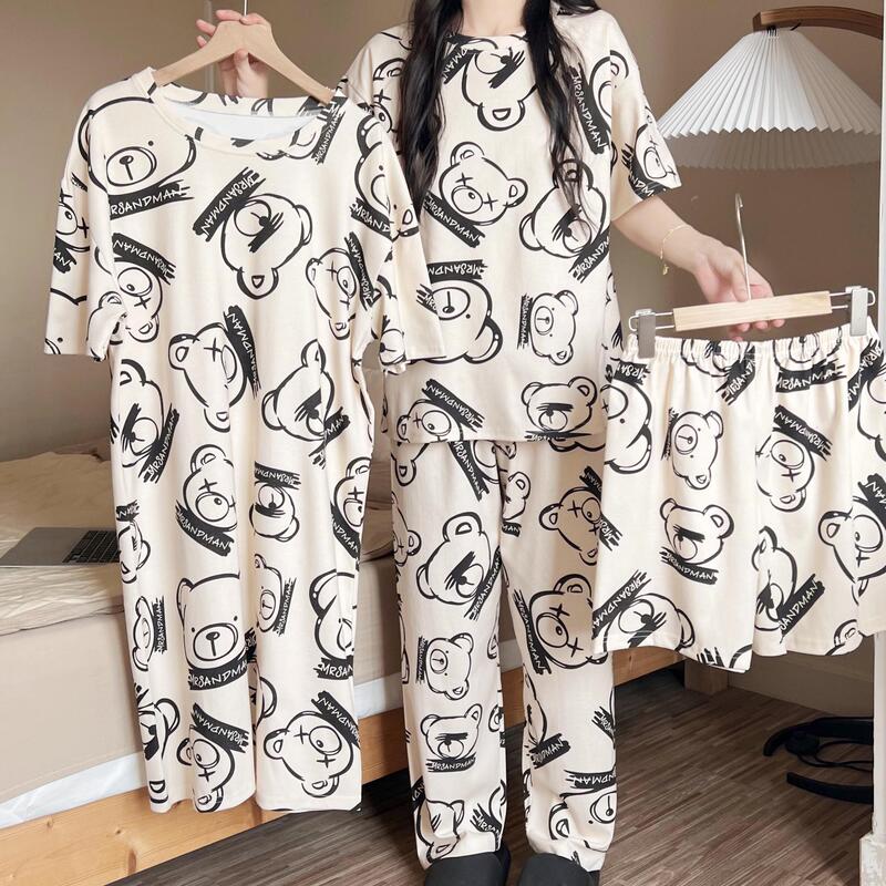 Cheap Pajamas Women's Four-piece Outfit plus size Loose Short-sleeved Nightgown Shorts Thin Home Wear Factory Shop