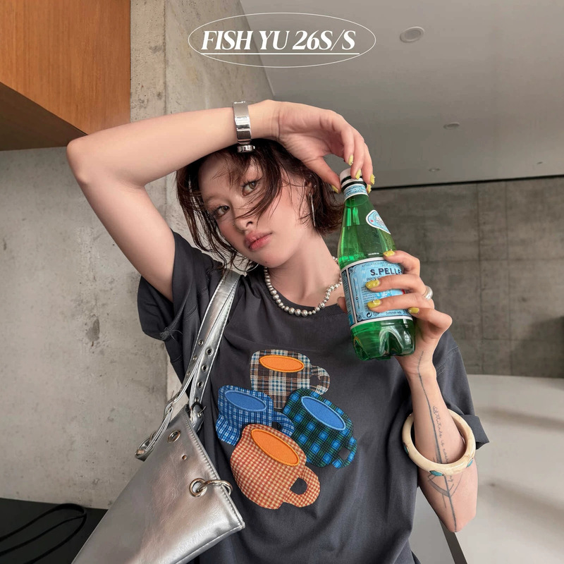 Fishyu Summer New Korean Retro Plaid Print Patch Embroidery Short Sleeve T-Shirt for Women 626133 Fishyu Summer New Korean Retro Plaid Print Patch Embroidery Short Sleeve T-Shirt for Women 626133