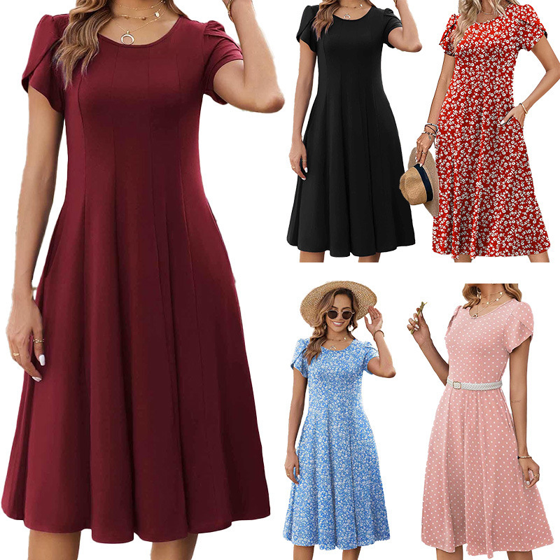 2025 Cross-Border Export Women's Spring and Summer Dress Casual Short-Sleeved Round Neck Elegant Mid-Length Beach Dress