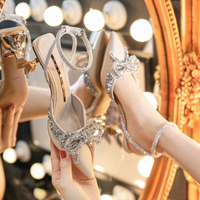 2025 New Style Rhinestone Bow High Heels for Women with Stiletto Heel and Pointed Toe Strap Design with Niche Temperament