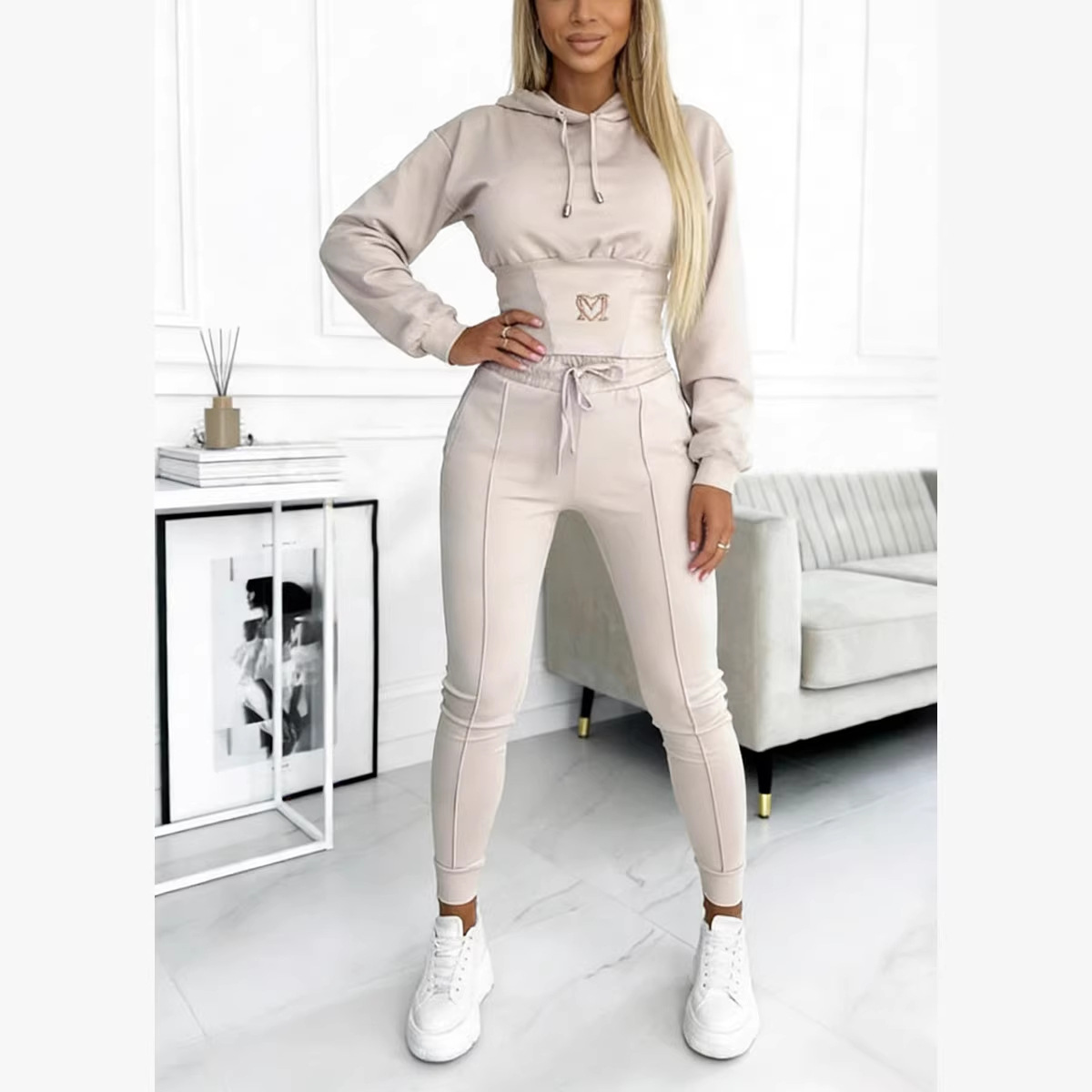 Women's Waist-Cinching Hoodie And Joggers Set | Casual Loungewear Tracksuit With Drawstring | Two-Piece Outfit For Yoga Gym And Street Style_ecoleips.com