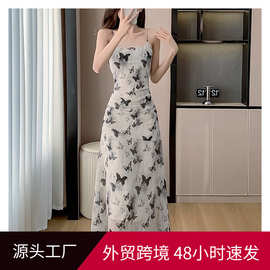 新中式水墨蝴蝶印花吊带连衣裙女气质高级感长款裙子2026夏季新款