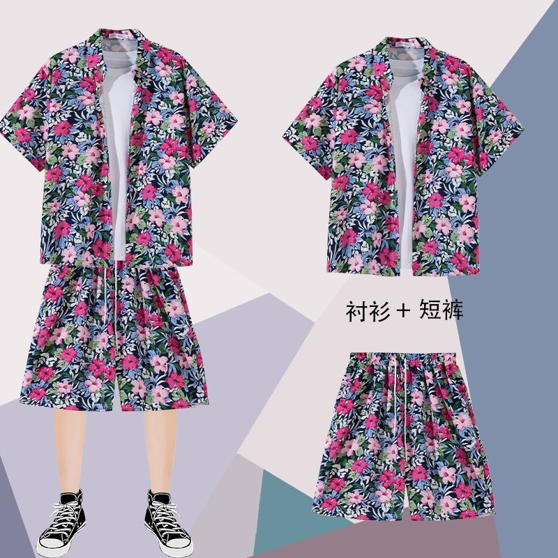 Summer Beach suit men's short-sleeved floral shirt casual sports Hawaiian couple seaside shorts vacation two-piece set