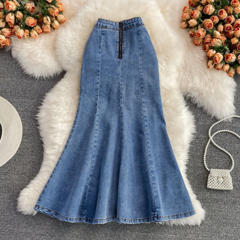 Long elastic summer fitted denim skirt