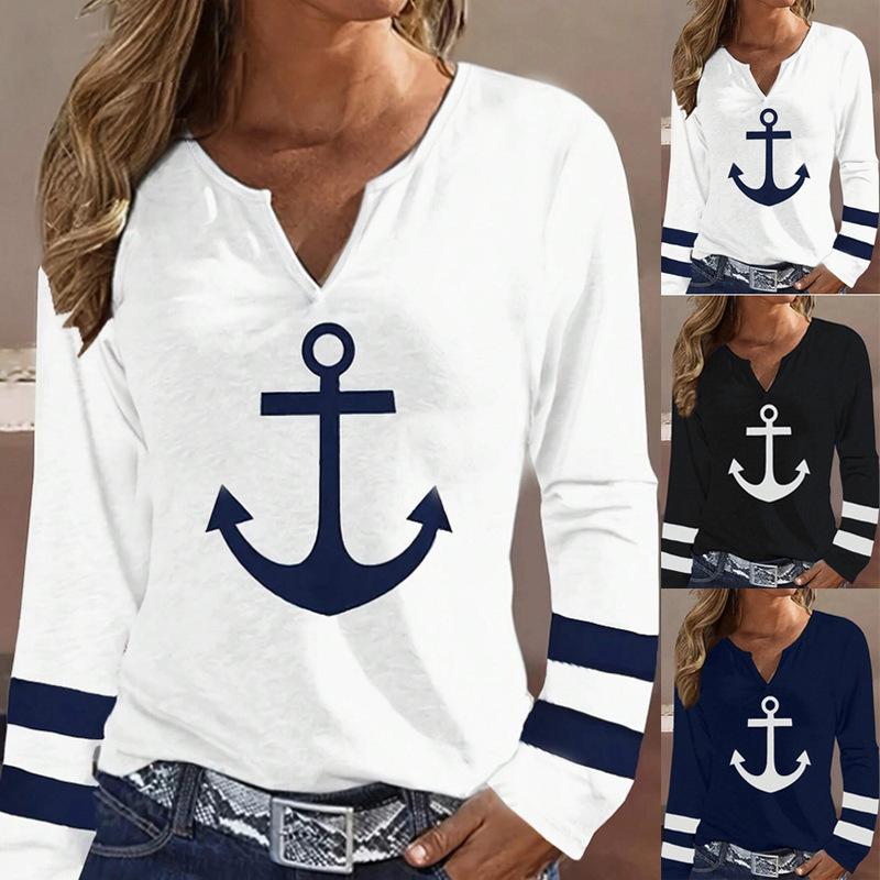 2024 Europe and the United States cross-border TEMU Amazon AliExpress new women's long sleeve V-neck anchor printed T-shirt jacket