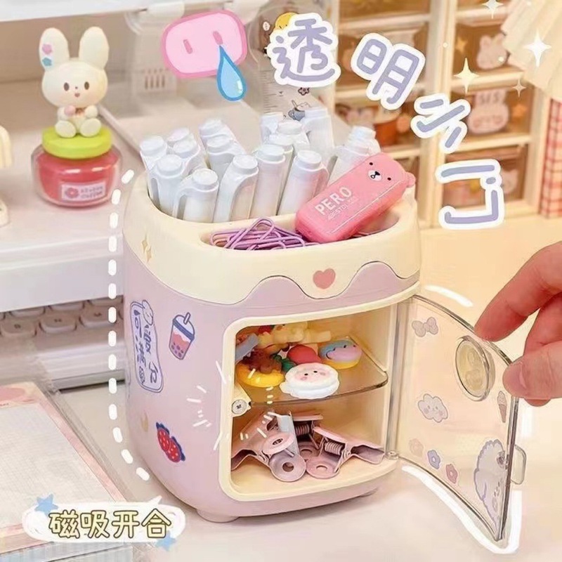 创意卡通方形小猪笔筒学生可爱多功能带格子桌面纪念文具收纳盒|undefined