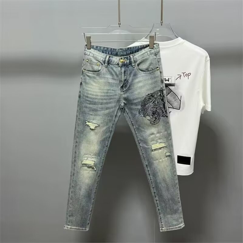 High-End Men's Ripped Skinny Jeans Slim Fit Spring Summer Distressed Embroidery Rhinestone Retro European Fashion Versatile Long Pants