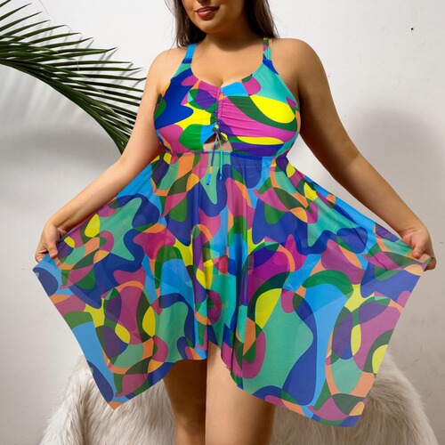 Plus-size European and American curvy women's swimsuit: Sexy mesh dress-style two-piece set