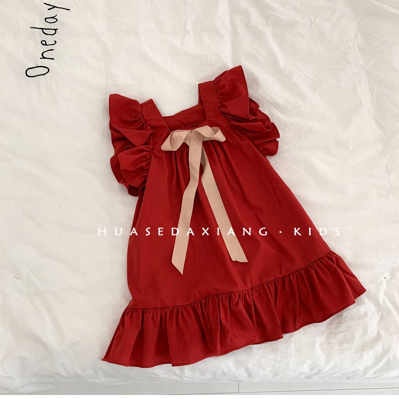Vestido rojo para niños, nuevo estilo de verano para niñas, falda de estilo occidental, vestido de princesa, dulce bebé de estilo nacional para mujeres