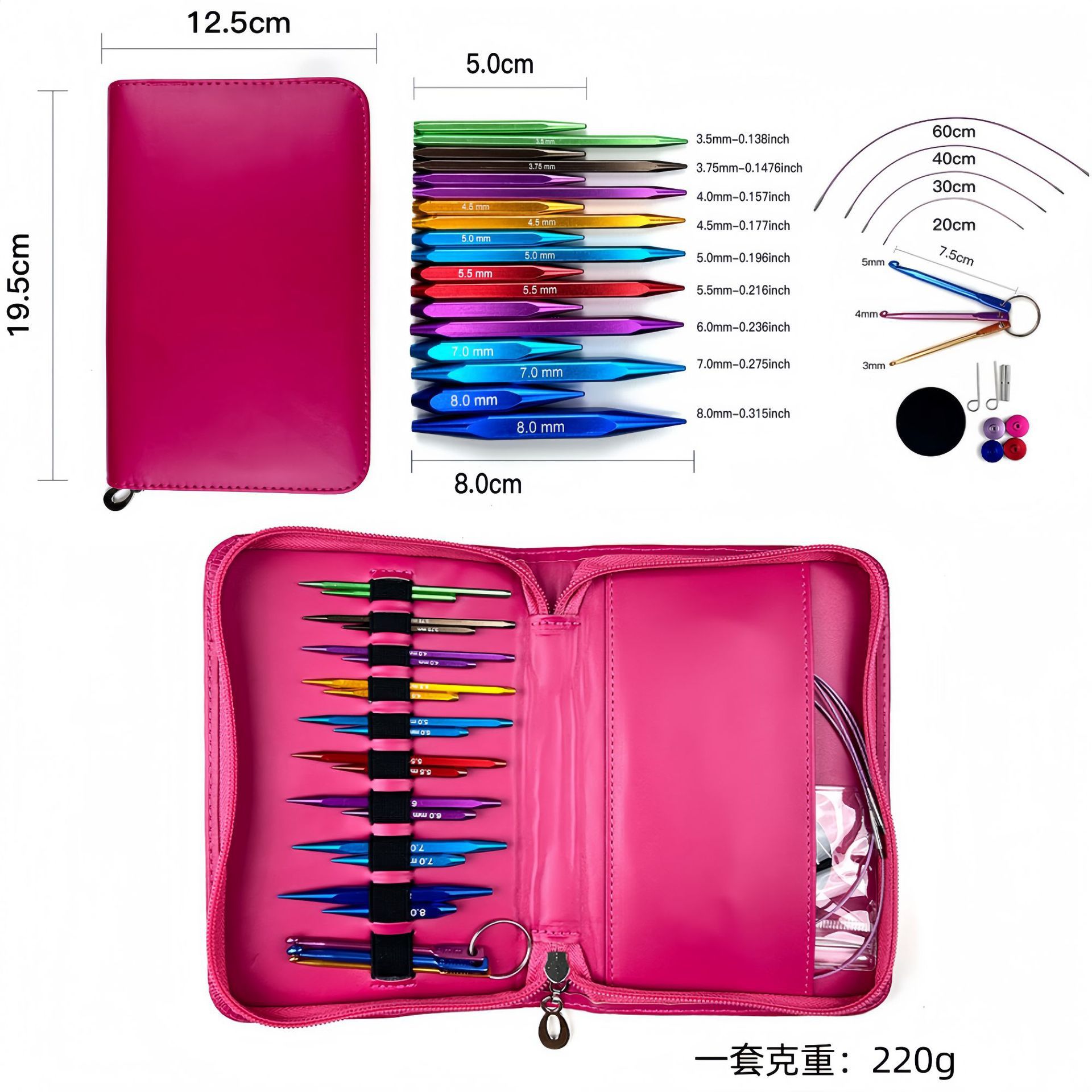 El conjunto de aguja de anillo desmontable cambia la cuerda colorida varilla de tejido aguja alargada pu herramienta de tejido carbonizada aguja de bambú anillo