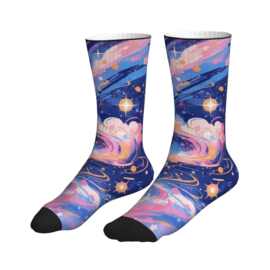 POD印花撞色油画风粉蓝漩涡星云星星梦幻宇宙少女中筒袜