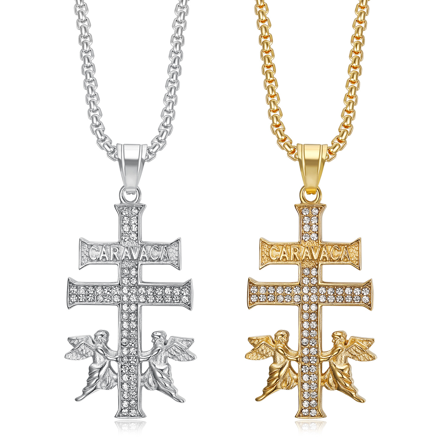 欧美热销嘻哈HIPHOP饰品 钛钢镀金镶钻天使十字架吊坠项链