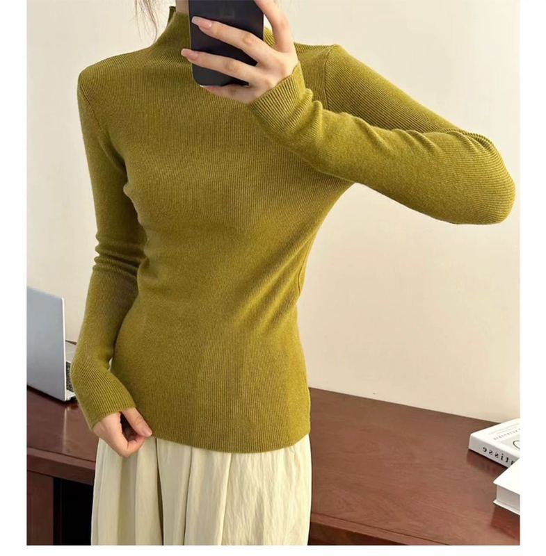 毛线混纺打底衫秋冬内搭简约半高领长袖上衣针织打底衫 女|undefined