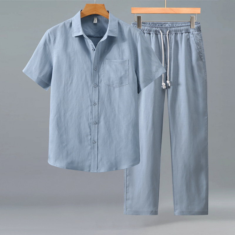 1526+3049 Tencel Linen Suit Men's Summer Breathable Cool Thin Pocket Style Casual Short-Sleeve Long Pants