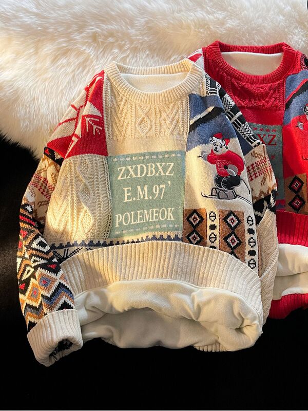 Christmas Sweater Men's Winter Velvet Thickeneded Warm Knitwear Ins Hong Kong Style Loose Trendyy Couple's Knitwear