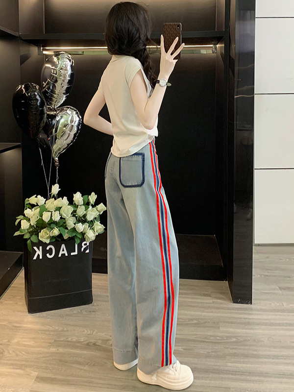 时尚潮流休闲运动套装女夏2025新款无袖衬衫上衣牛仔阔腿裤两件套|undefined