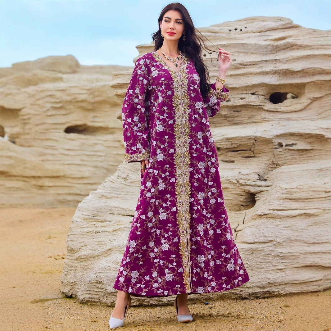 Элегантное роскошное платье с V-образным вырезом, длинное платье-абайя с цветочным принтом для женщин Ближнего Востока.