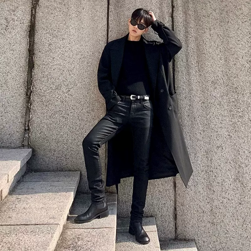 MYQ涂层黑色牛仔裤男修身小脚直筒裤秋冬款韩版潮流休闲长裤子