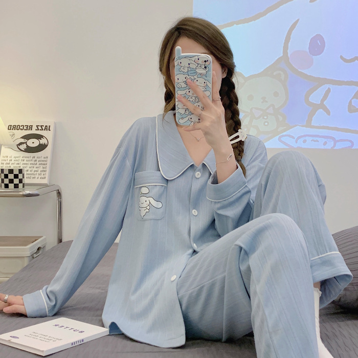 Internet Celebrity pijamas azules de alto grado algodón jacquard peinado de las mujeres Otoño e Invierno de manga larga cardigan linda chica dulce traje de desgaste para el hogar