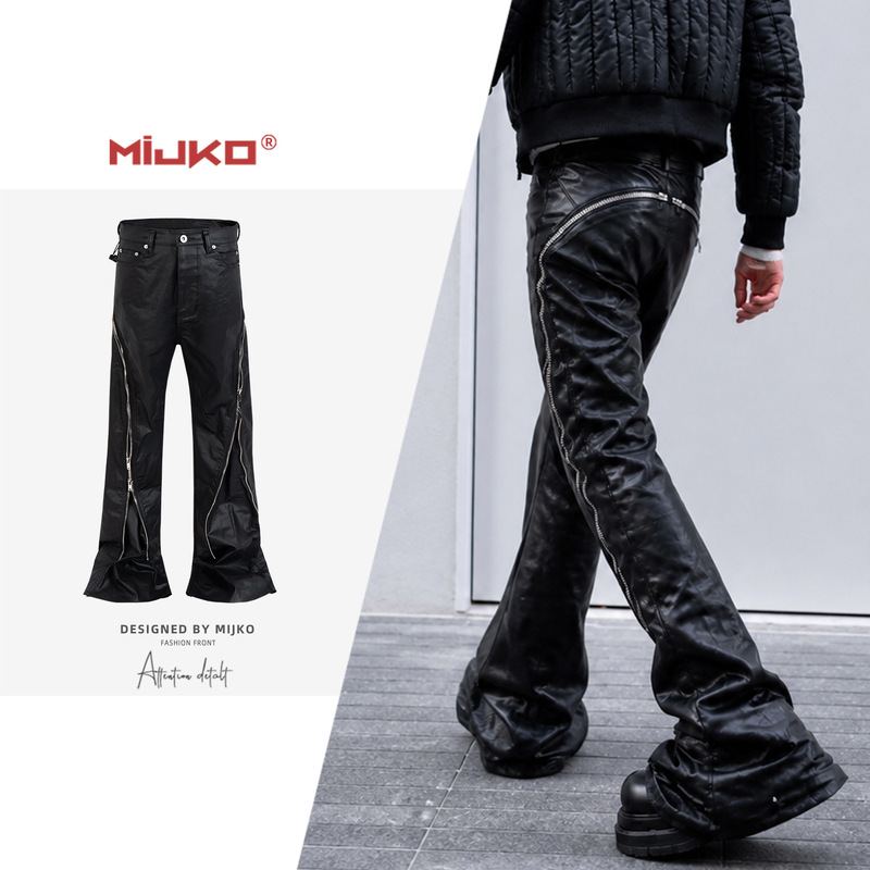 Mijko Men's and Women's Spiral Track Zipper Coated Jeans, Unisex Style, Wide-Leg Design, Black